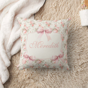 Personalized Roses Pink Bow Coquette Throw Pillow