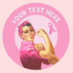 Personalized Rosie the Riveter Breast Cancer pink  Classic Round Sticker<br><div class="desc">Add your own text to this customizable pink ribbon Rosie the Riveter design.</div>
