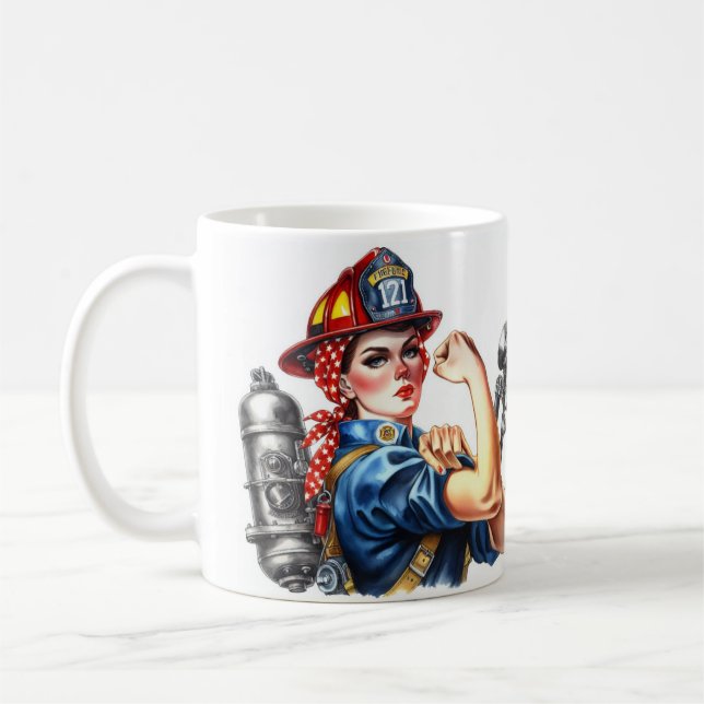 Personalized Rosie the Riveter Female Firefighter Coffee Mug (Left)