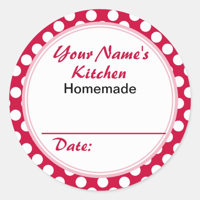 Personalized Round Baking Cooking Labels Red Dots (Front)