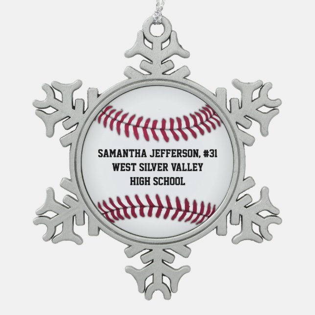 Personalized Round Baseball Sports Snowflake Pewter Christmas Ornament (Front)