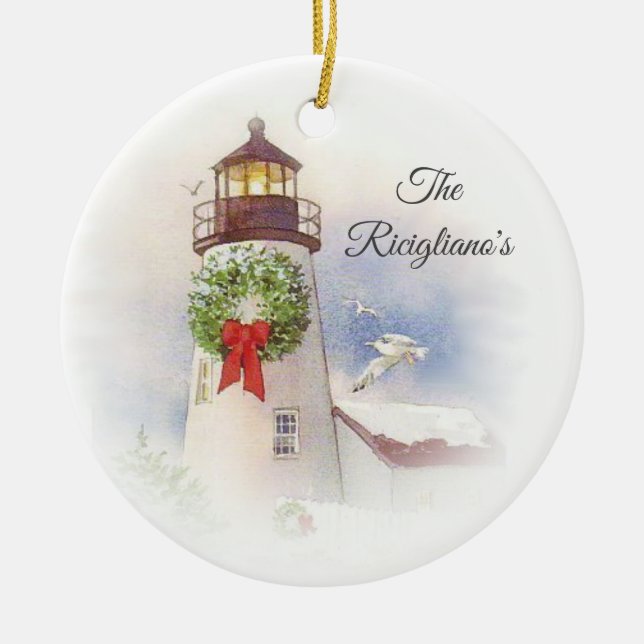 Personalized Round Ceramic Lighthouse Ornament (Front)
