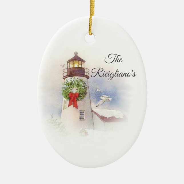 Personalized Round Ceramic Lighthouse Ornament (Front)