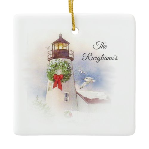 Personalized Round Ceramic Lighthouse Ornament