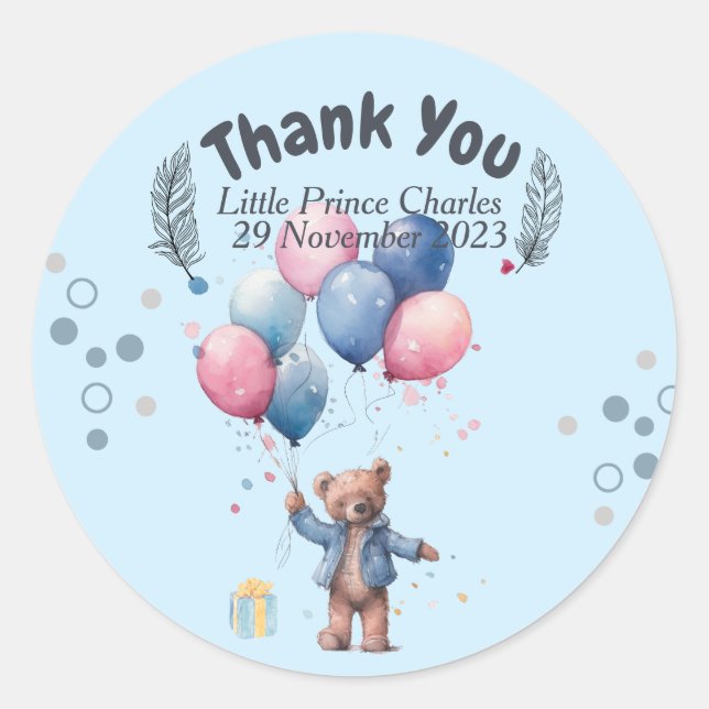 Personalized Round Circle Birthday Bear Balloons Classic Round Sticker (Front)