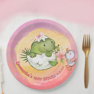 Personalized Round Dino & Duckling Baby Shower Paper Plates