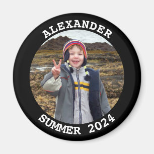 Personalized Round Family Photo Black Magnet