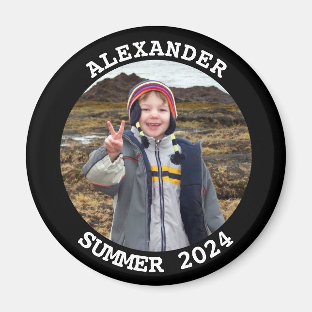 Personalized Round Family Photo Black Magnet (Front)