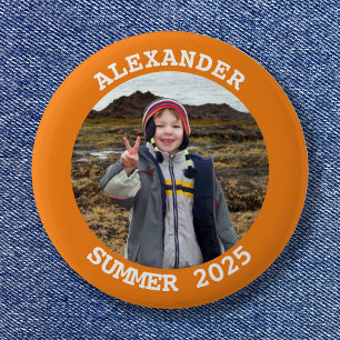 Personalized Round Family Photo Bright Orange Button