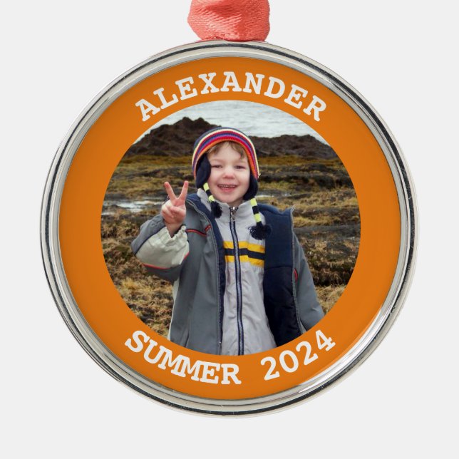 Personalized Round Family Photo Bright Orange Metal Ornament (Front)