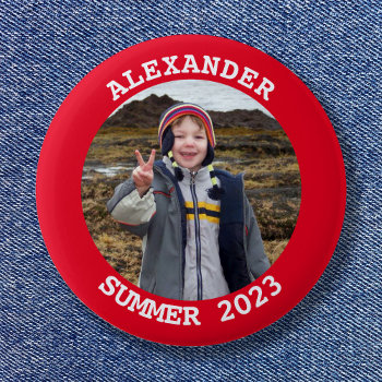 Personalized Round Family Photo Bright Red Button by annaleeblysse at Zazzle