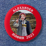 Personalized Round Family Photo Bright Red Button at Zazzle