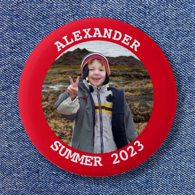 Personalized Round Family Photo Bright Red Button (Create your own vacation keepsake custom photo button.)