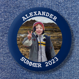 Personalized Round Family Photo Navy Blue Button