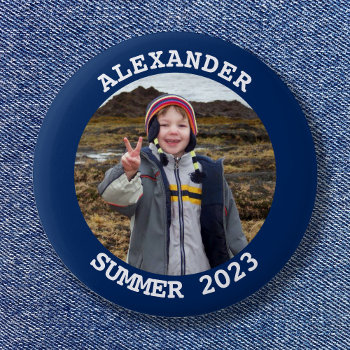 Personalized Round Family Photo Navy Blue Button by annaleeblysse at Zazzle