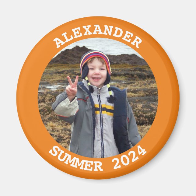 Personalized Round Family Photo Orange Magnet (Front)
