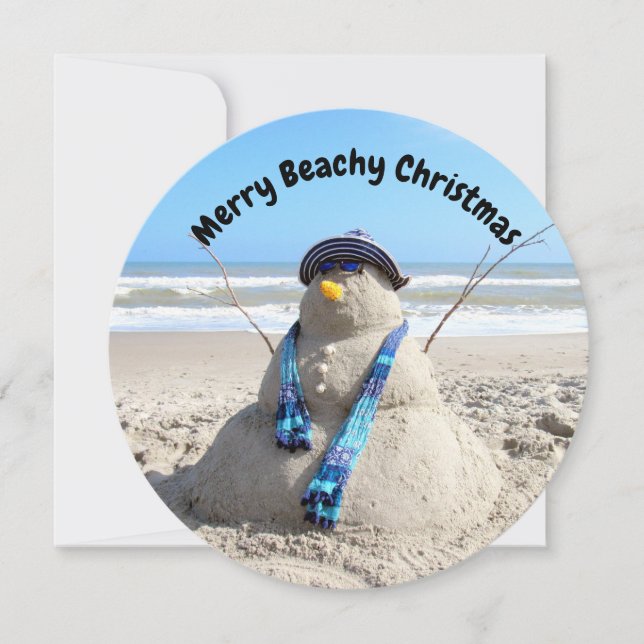 Personalized Round Florida Snowman Beach Christmas Holiday Card (Front)