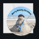 Personalized Round Florida Snowman Beach Christmas Holiday Card<br><div class="desc">Photo of a sand sculpture snowman - easily customize the text.</div>
