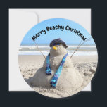 Personalized Round Florida Snowman Beach Christmas Holiday Card<br><div class="desc">Photo of a sand sculpture snowman - easily customize the text.</div>