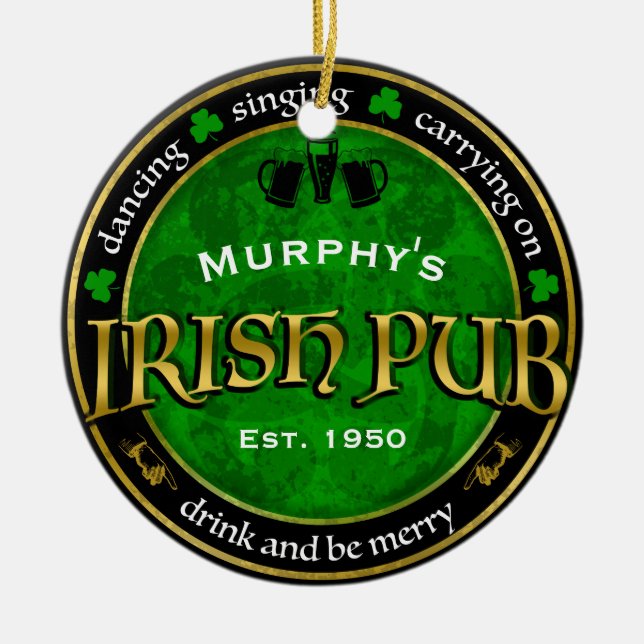 Personalized, Round Irish Pub Logo Ceramic Ornament (Front)