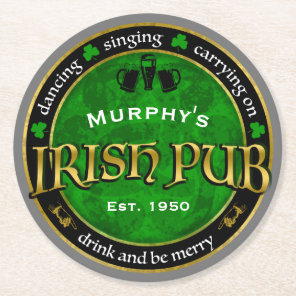 Personalized, Round Irish Pub Logo Paper Coaster