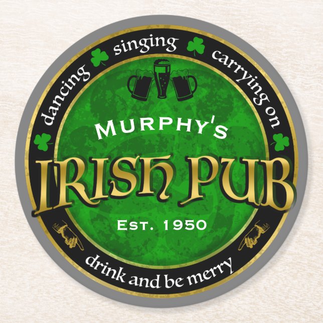 Personalized, Round Irish Pub Logo Paper Coaster (Front)