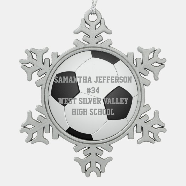 Personalized Round Soccer Ball Sports Snowflake Pewter Christmas Ornament (Front)