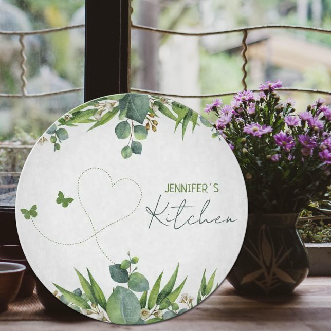 Personalized Round Watercolor Leaves Cutting Board (Creator Uploaded)
