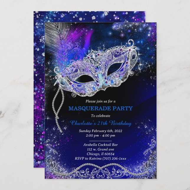 Personalized Royal Blue  Birthday Masquerade Invitation (Front/Back)