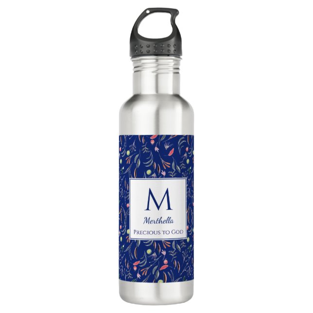 Personalized | ROYAL BLUE | Floral | Monogram Stainless Steel Water Bottle (Front)