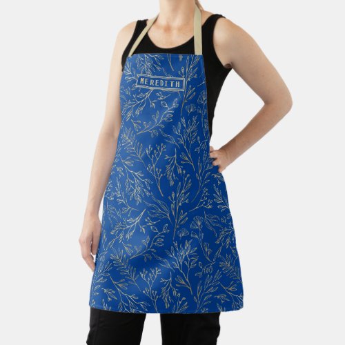 Personalized Royal Blue Gold Abstract Floral Apron