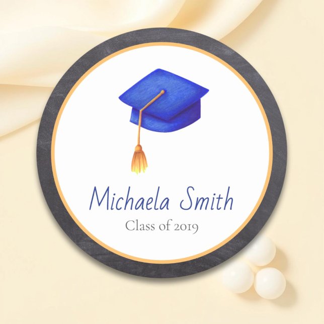 Personalized Royal Blue Graduation Cap Classic Round Sticker (Creator Uploaded)