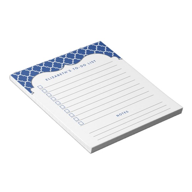 Personalized Royal Blue Quatrefoil To-Do List Notepad (Angled)