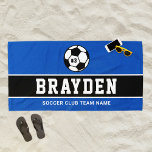Personalized Royal Blue Soccer Player Name Beach Towel<br><div class="desc">Personalized soccer themed beach towel design for kids and teens features a soccer ball customized with the player's uniform number, custom text for the player's first or last name, and modern text for the soccer club team name. Makes a unique favor gift for tournaments and pool parties with the team!...</div>