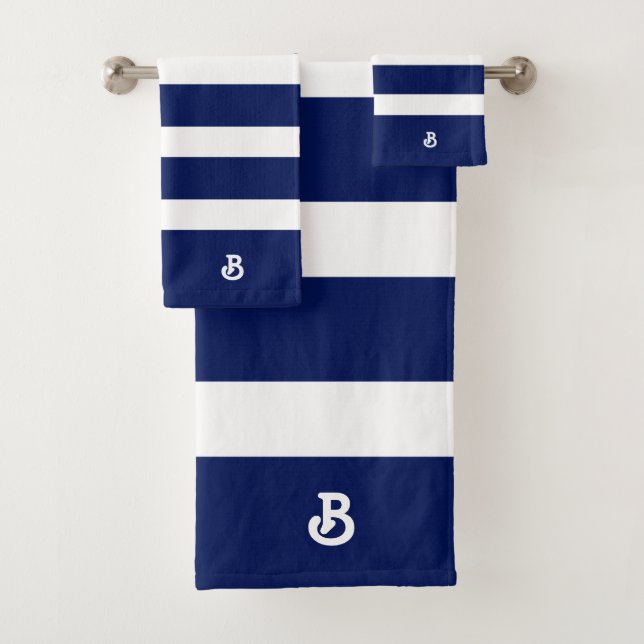 Personalized Royal Blue & White Stripes Pattern Bath Towel Set (Insitu)