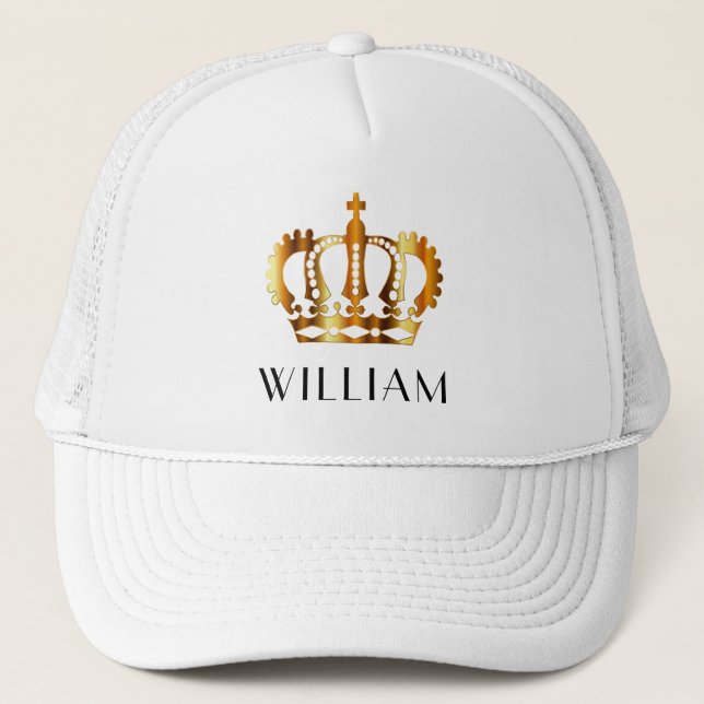 Personalized Royal Gold Crown White Trucker Hat (Front)