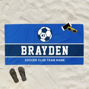 Personalized Royal Navy Blue Soccer Player Name Beach Towel