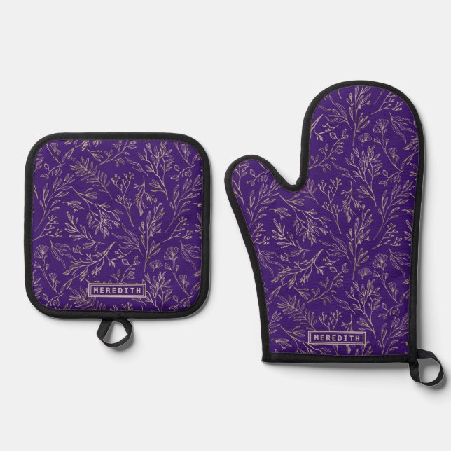 Personalized Royal Purple Gold Abstract Floral Oven Mitt & Pot Holder Set (Front)