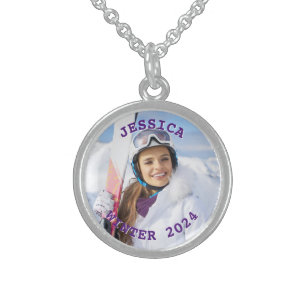 Personalized Royal Purple Text Family Photo Sterling Silver Necklace
