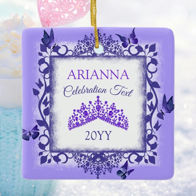 Personalized Royal Purple Tiara & Butterflies Ceramic Ornament (personalized tree ornament with purple butterflies and tiara, congratulations, commemorative gift)