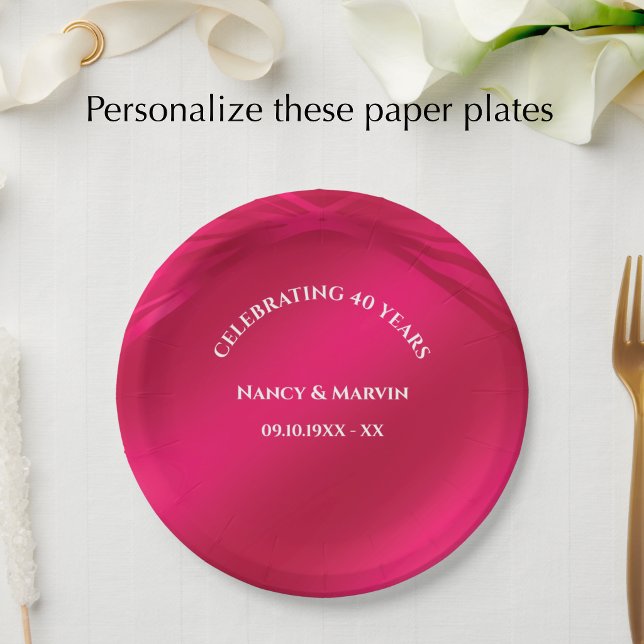 Personalized Ruby 40th Wedding Anniversary Party Paper Plates (Personalize these beautiful ruby red pink 40th wedding anniversary party paper plates.
)