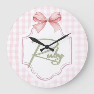 Personalized Ruby Baby Girl Nursery Bow&Gingham Large Clock