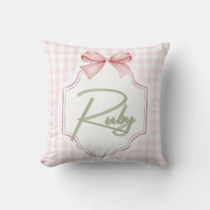 Personalized Ruby Baby Girl Nursery Bow&Gingham Throw Pillow