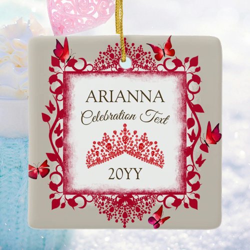 Personalized Ruby Red Tiara &amp; Butterflies Ceramic Ornament