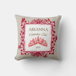 Personalized Ruby Red Tiara & Butterflies Throw Pillow