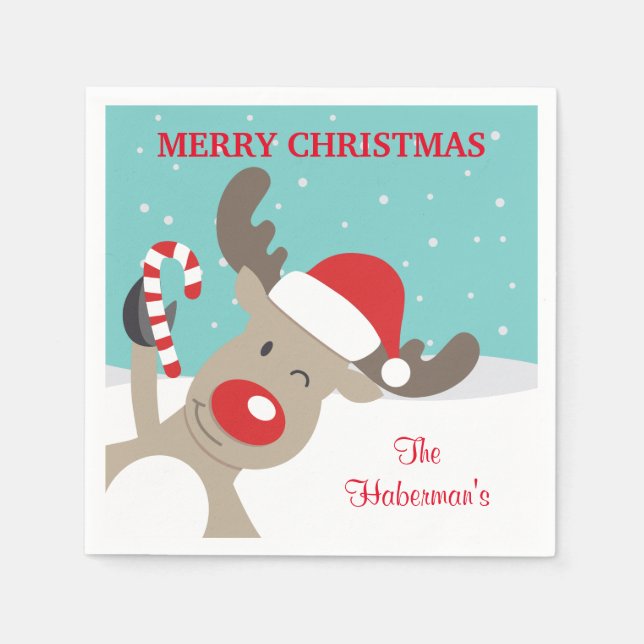 Personalized Rudolph Reindeer with Candy Cane Napkins (Front)