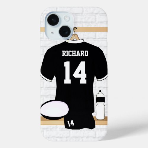 Personalized Rugby Jersey Black and White iPhone 15 Case