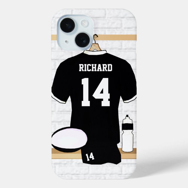 Personalized Rugby Jersey Black and White Case-Mate iPhone Case (Back)