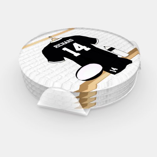 Personalized Rugby Jersey Black and White Coaster Set