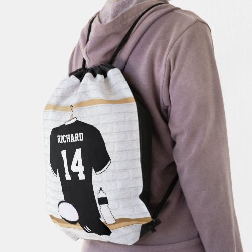 Personalized Rugby Jersey Black and White Drawstring Bag